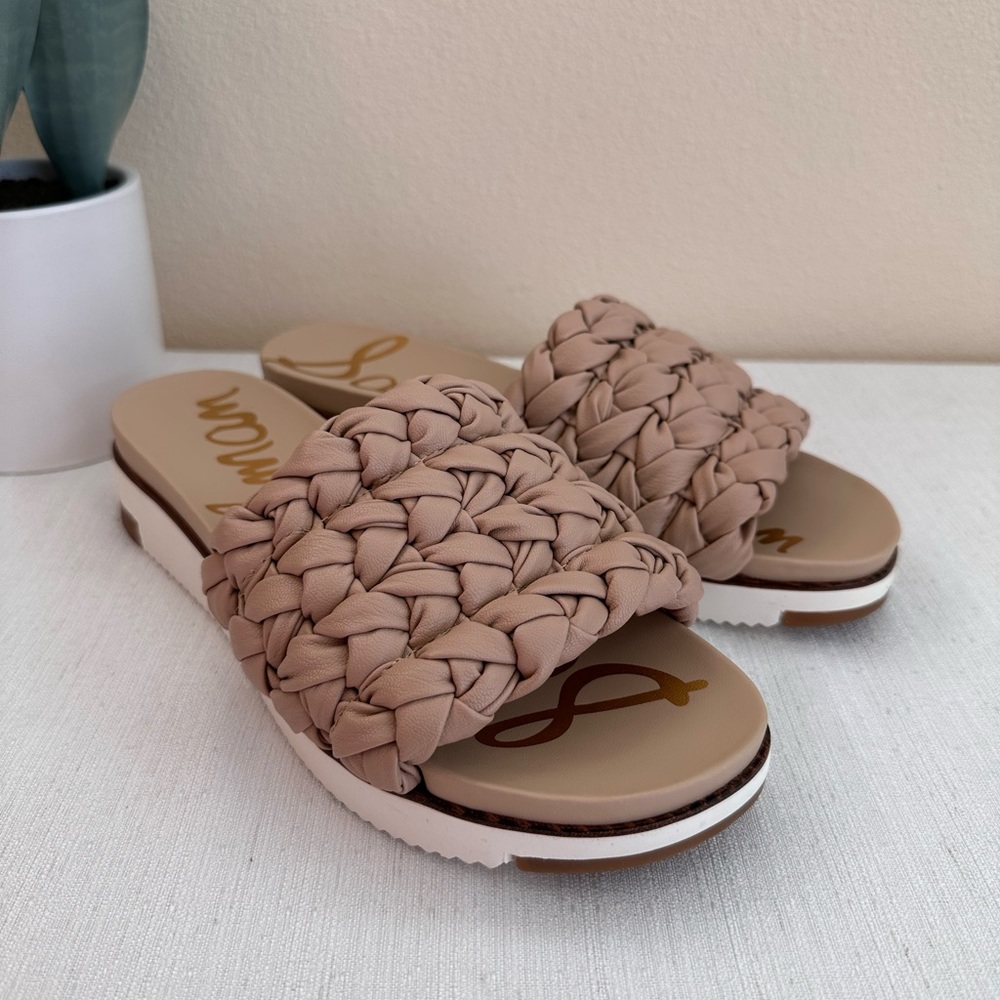 New Sam Edelman Tan Faux Leather Braided Platform Slip On Sandals Women’s 8.5